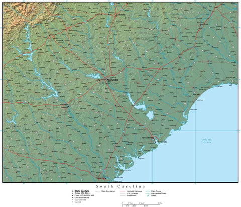 Digital South Carolina Terrain map in Adobe Illustrator vector format with Terrain SC-USA-942209