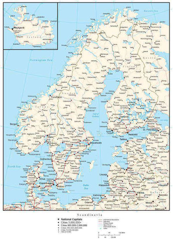 Scandinavia Map with Country Boundaries, Capitals, Cities, Roads and Water Features
