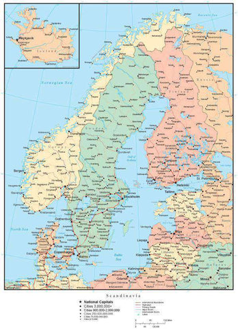 Scandinavia Map with Countries, Capitals, Cities, Roads and Water Features