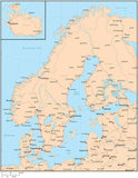 Single Color Scandinavia Map with Countries, Capitals, Major Cities and Water Features