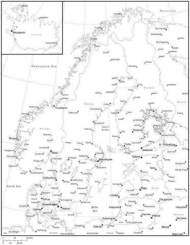 Black & White Scandinavia Map with Countries, Capitals and Major Cities - SCANDI-533892