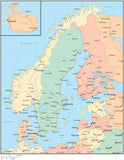 Multi Color Scandinavia Map with Countries, Capitals, Major Cities and Water Features