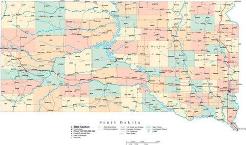 South Dakota State Map - Multi-Color Cut-Out Style - with Counties, Cities, County Seats, Major Roads, Rivers and Lakes