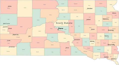 Multi Color South Dakota Map with Counties, Capitals, and Major Cities