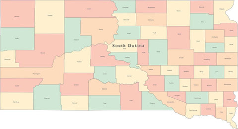 Multi Color South Dakota Map with Counties and County Names