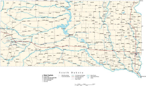 South Dakota Map - Cut Out Style - with Capital, County Boundaries, Cities, Roads, and Water Features