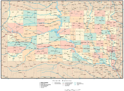 South Dakota Map with Counties, Cities, County Seats, Major Roads, Rivers and Lakes