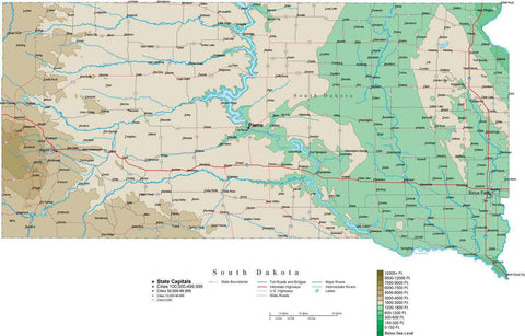 South Dakota Map  with Contour Background - Cut Out Style