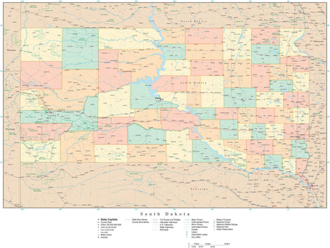 Detailed South Dakota Digital Map with Counties, Cities, Highways, Railroads, Airports, and more