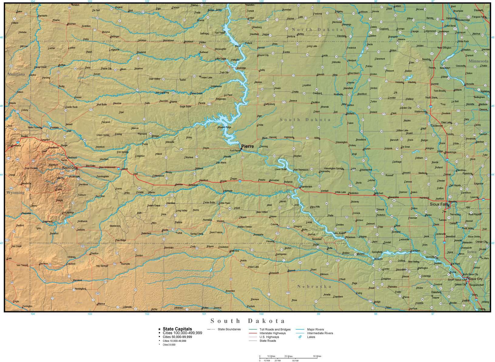 Sd Map Reference South Dakota State Map Plus Terrain with Cities & Roads