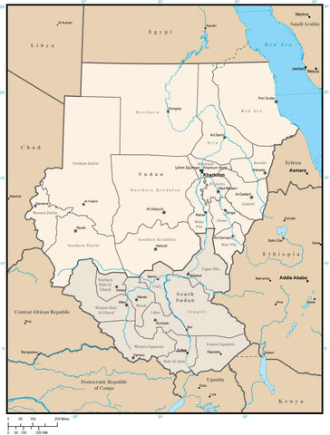 Sudan and South Sudan Digital Vector Map with Administrative Areas and Capitals