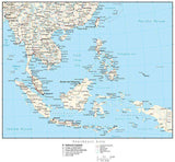 Southeast Asia Map with Country Boundaries, Capitals, Cities, Roads and Water Features