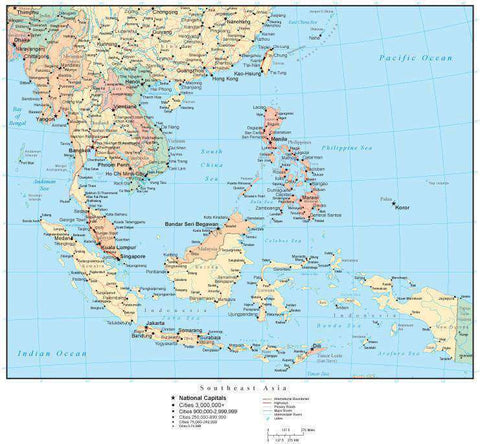 Southeast Asia Map with Countries, Capitals, Cities, Roads and Water Features