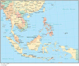 Multi Color Southeast Asia Map with Countries, Capitals, Major Cities and Water Features