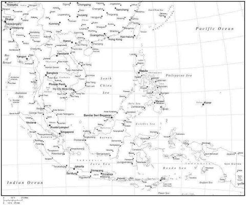 Black & White Southeast Asia Map with Countries, Capitals and Major Cities - SE-ASI-533884
