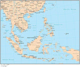 Single Color Southeast Asia Map with Countries, Capitals, Major Cities and Water Features
