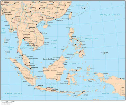 Single Color Southeast Asia Map with Countries, Capitals, Major Cities and Water Features