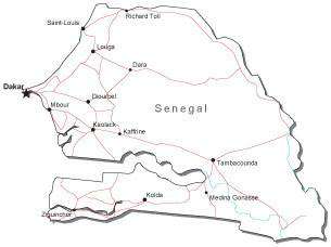 Senegal Black & White Map with Capital, Major Cities, Roads, and Water Features