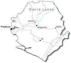 Sierra Leone Black & White Map with Capital, Major Cities, Roads, and Water Features