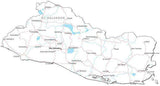 El Salvador Black & White Map with Capital, Major Cities, Roads, and Water Features