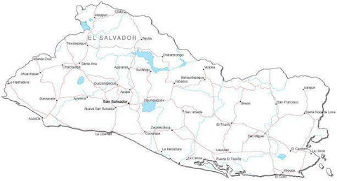 El Salvador Black & White Map with Capital, Major Cities, Roads, and Water Features