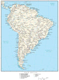 South America Map with Country Boundaries, Capitals, Cities, Roads and Water Features