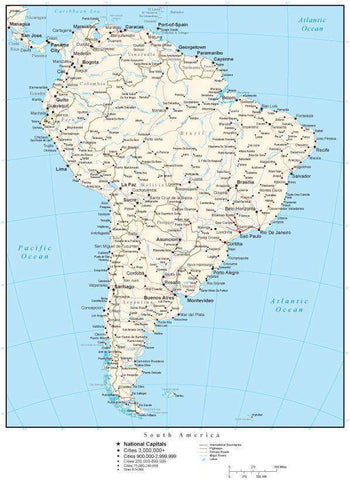 South America Map with Country Boundaries, Capitals, Cities, Roads and Water Features