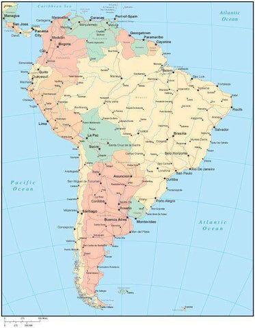 Multi Color South America Map with Countries, Capitals, Major Cities and Water Features