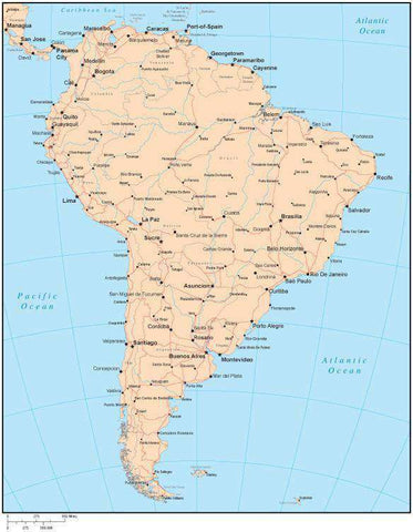 Single Color South America Map with Countries, Capitals, Major Cities and Water Features