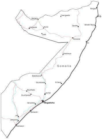 Somalia Black & White Map with Capital, Major Cities, Roads, and Water Features