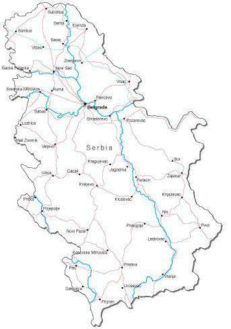 Serbia Black & White Map with Capital, Major Cities, Roads, and Water Features