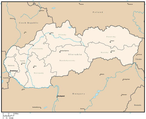 Slovakia Digital Vector Map with Region Areas and Capitals