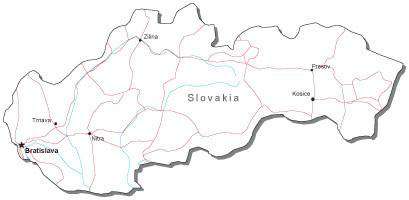 Slovakia Black & White Map with Capital, Major Cities, Roads, and Water Features