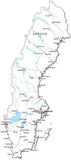Sweden Black & White Map with Capital, Major Cities, Roads, and Water Features