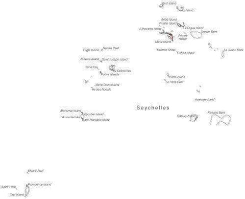 Seychelles Black & White Map With Major Cities