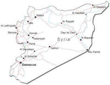 Syria Black & White Map with Capital, Major Cities, Roads, and Water Features