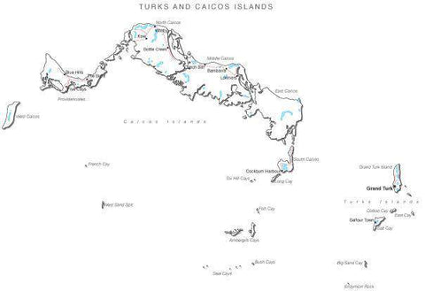 Turks and Caicos Islands Black & White Map with Capital, Major Cities, Roads, and Water Features