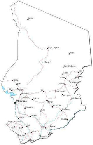 Chad Black & White Map with Capital, Major Cities, Roads, and Water Features