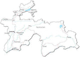 Tajikistan Black & White Map with Capital, Major Cities, Roads, and Water Features