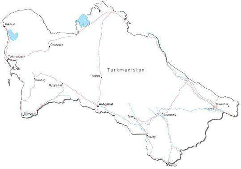 Turkmenistan Black & White Map with Capital, Major Cities, Roads, and Water Features