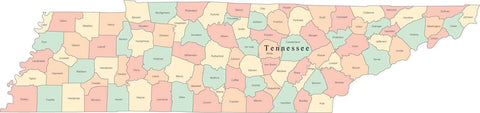 Multi Color Tennessee Map with Counties and County Names