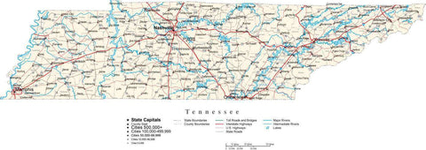 Tennessee Map - Cut Out Style - with Capital, County Boundaries, Cities, Roads, and Water Features