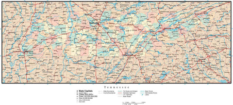 Tennessee Map with Counties, Cities, County Seats, Major Roads, Rivers and Lakes
