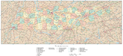 Detailed Tennessee Digital Map with Counties, Cities, Highways, Railroads, Airports, and more