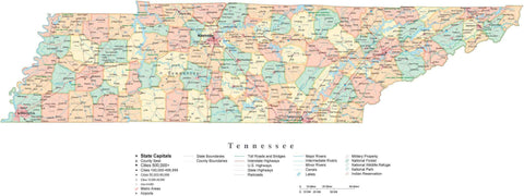 Detailed Tennessee Cut-Out Style Digital Map with Counties, Cities, Highways, and more