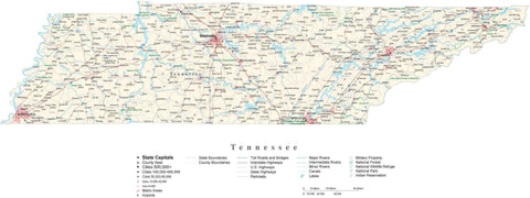 Detailed Tennessee Cut-Out Style Digital Map with County Boundaries, Cities, Highways, and more