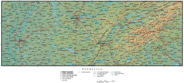 Tennessee State Map Plus Terrain with Cities & Roads