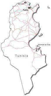 Tunisia Black & White Map with Capital, Major Cities, Roads, and Water Features