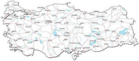 Turkey Black & White Map with Capital, Major Cities, Roads, and Water Features