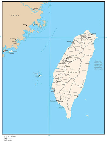 Taiwan Digital Vector Map with Administrative Areas and Capitals